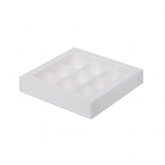 Упаковка для конфет с прозрачной крышкой - "Белая, 9 ячеек, 15,5х15,5х3 см." (Упаковка 1 шт.) фото 8265