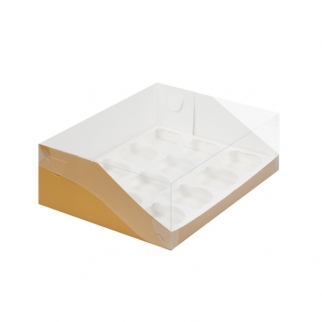 Упаковка для капкейков с прозрачной крышкой  - "Золото м, 12 ячеек", 31х23,5х10 см. (Упаковка 1 шт.) фото 9093