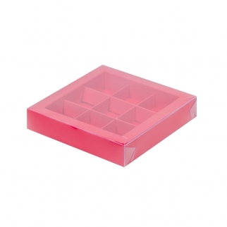 Упаковка для конфет с прозрачной крышкой - "Красная, мат. 9 ячеек, 15,5х15,5х3 см."(Упаковка 1 шт.) фото 8668