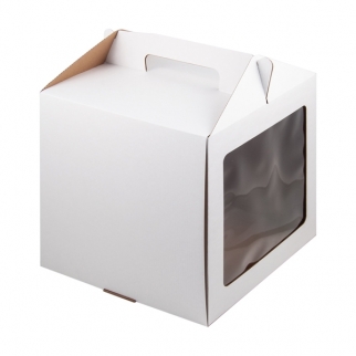Упаковка для торта с окном и ручкой - "Белая, гофра, 26х26х28 см. (Упаковка 1 шт.) фото 12797