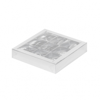 Упаковка для конфет с прозрачной крышкой - "Серебро, 9 ячеек, 15,5х15,5х3 см." (Упаковка 1 шт.) фото 9977